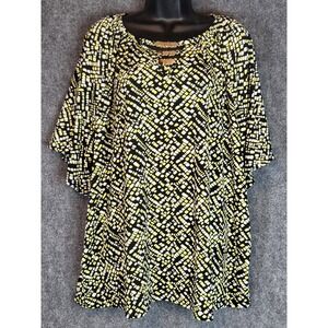 NY Collection Woman 3X Black Yellow White Print Dress Gold Accent Plus Size Work
